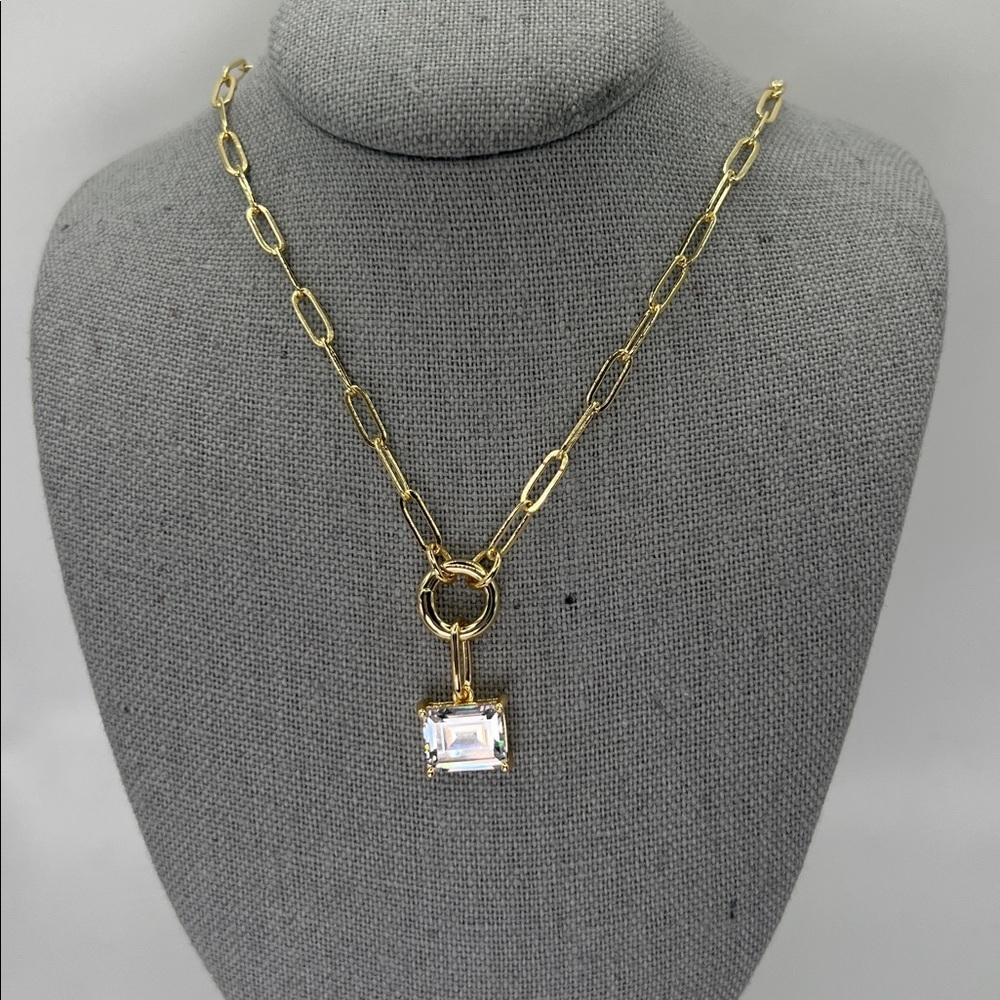 144. 18k Gold Plated over Brass Necklace with Clear Crystal Pendant 22” - Picture 3 of 3